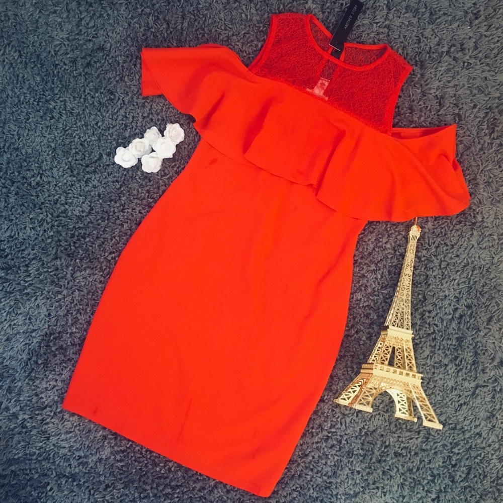 NWT Stunning red dress with lace neck and ruffle
